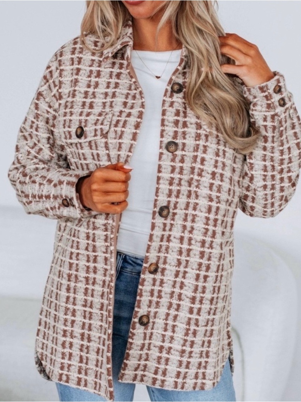 NWT Hem & Thread Plaid Utility Shacket in Beige and Brown